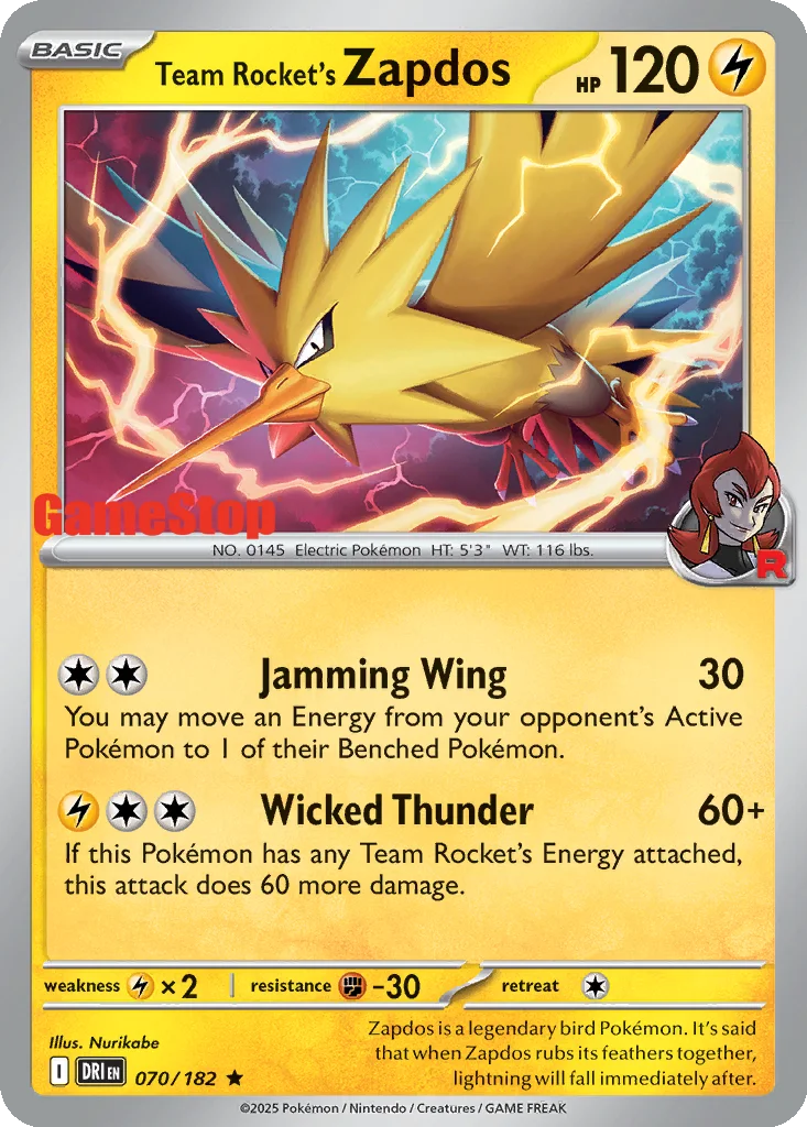 Team Rocket's Zapdos 070/182 Destined Rivals (GameStop)